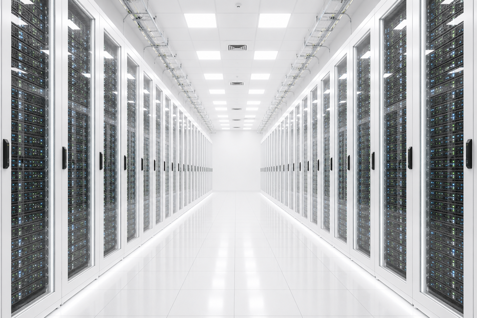 A bright data center aisle lined with server racks