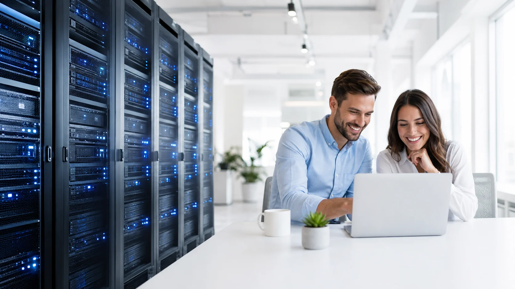 Two members of the Hostavix team working on a customer's request beside the servers