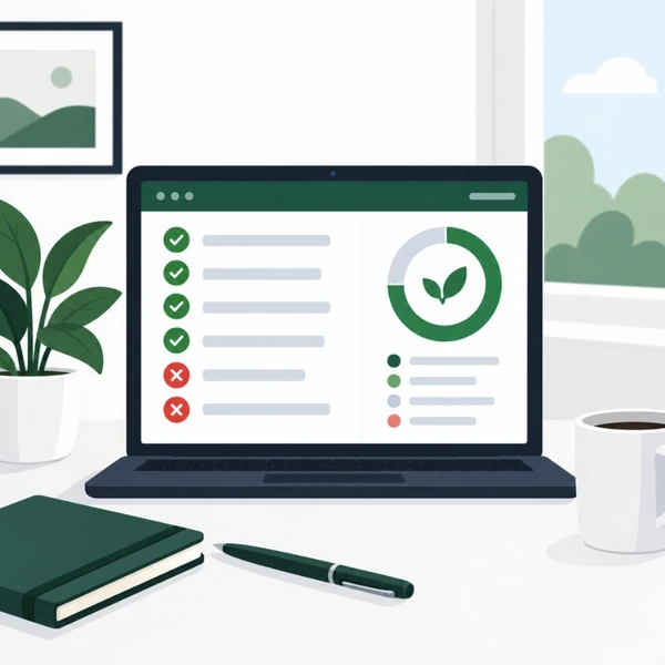 A laptop showing an SEO report with passing and failing checks