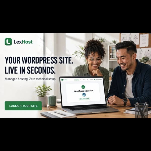 Two people at a laptop showing a WordPress site going live