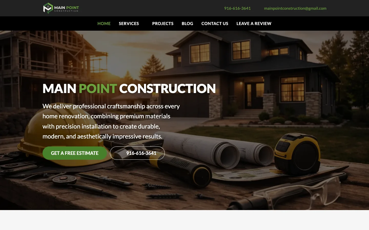 Main Point Construction website on a desktop screen