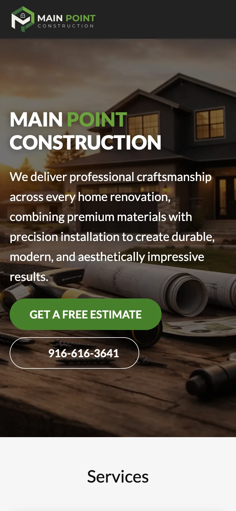 Main Point Construction website on a phone