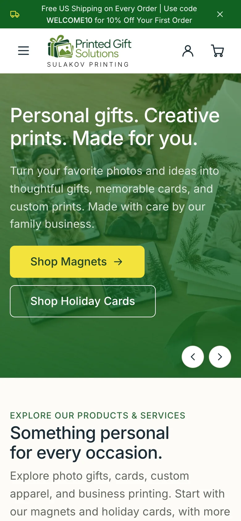 Printed Gift Solutions website on a phone