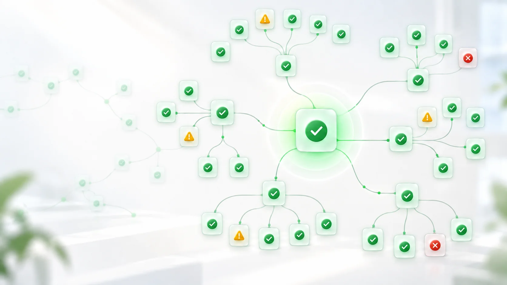 A website's pages laid out as a map, each one marked as passing, needing work or failing its SEO checks