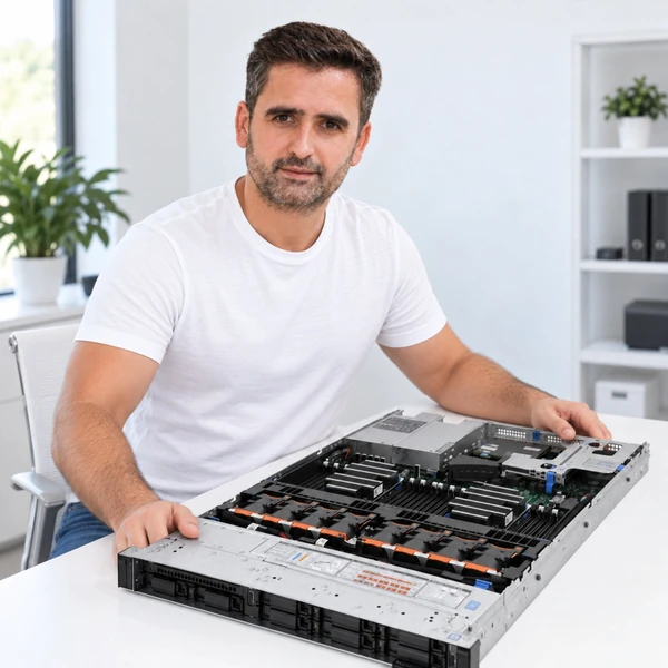 A LexHost engineer at a desk with an open Dell PowerEdge R640 server