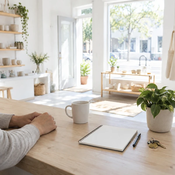 A sunlit shop counter with a notebook, keys and a cup of coffee